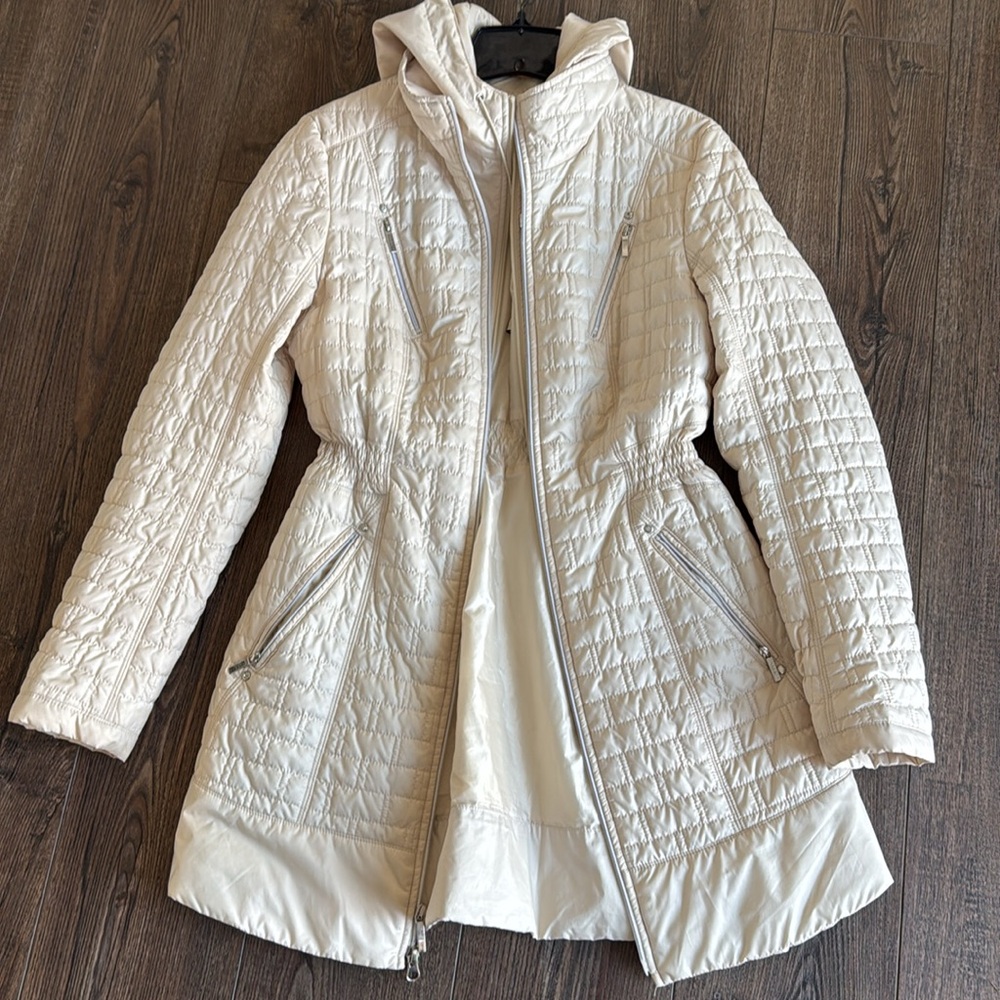 Laundry By Shelli Segal Ivory Quilted Hooded Puffer Coat